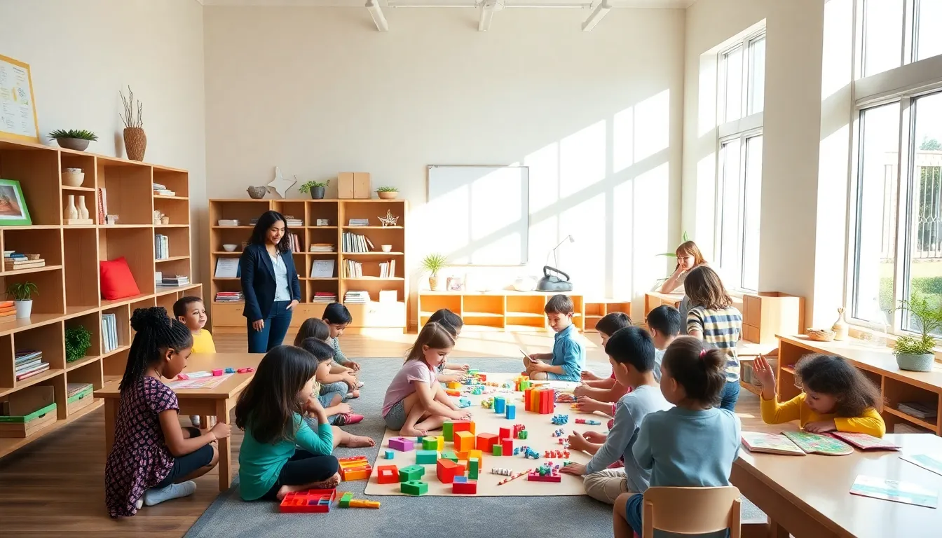 children learning cooperatively in a bright Montessori classroom setting.
