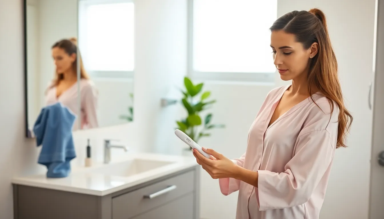 woman reviewing a pregnancy test in a well-lit bathroom.