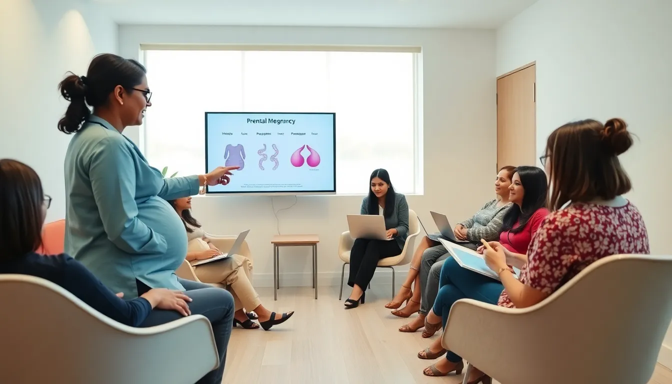 expectant parents in a modern prenatal class with a Tamil-speaking nurse.