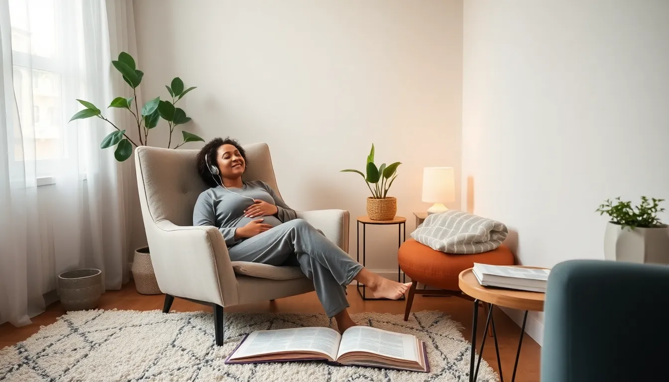 woman listening to hypnobirthing tracks in a calming home environment.