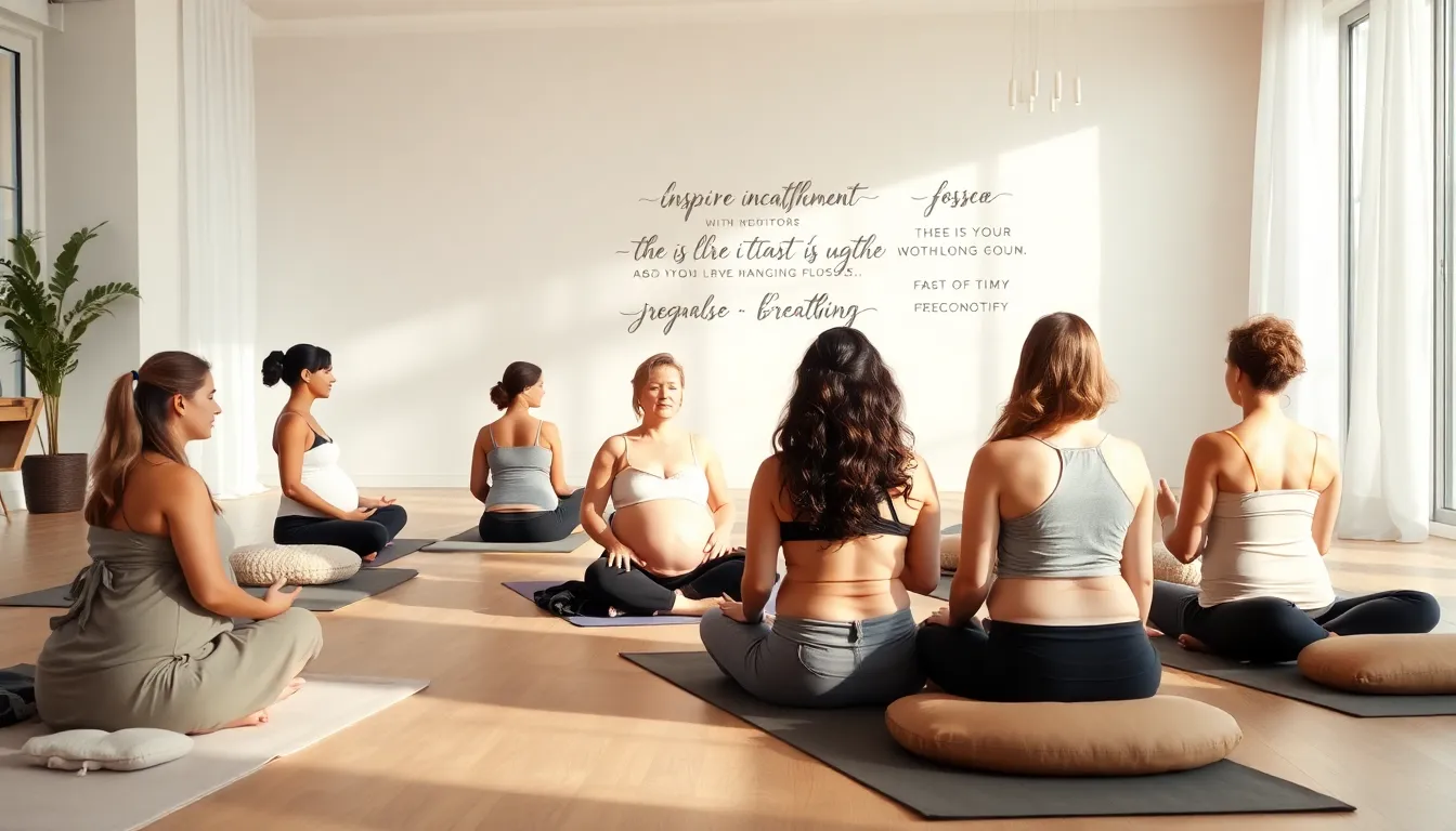 diverse pregnant women practicing hypnobirthing in a calming studio.