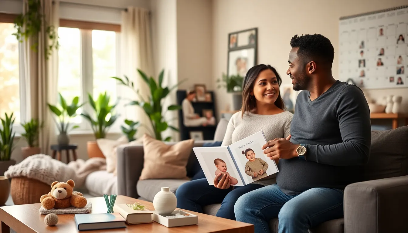 expectant parents discussing pregnancy in a cozy living room.