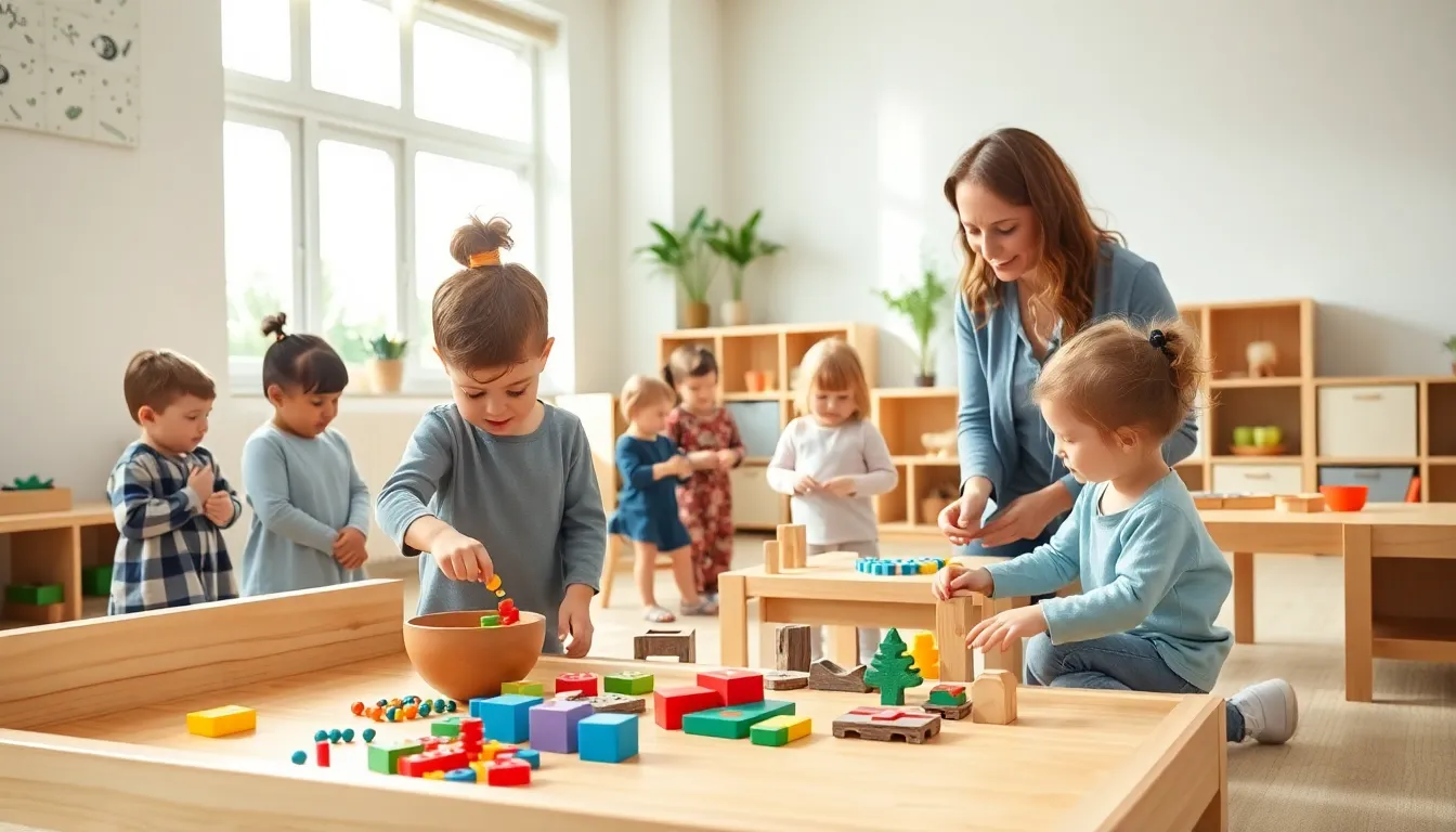 children engaged in hands-on activities in a Montessori classroom.