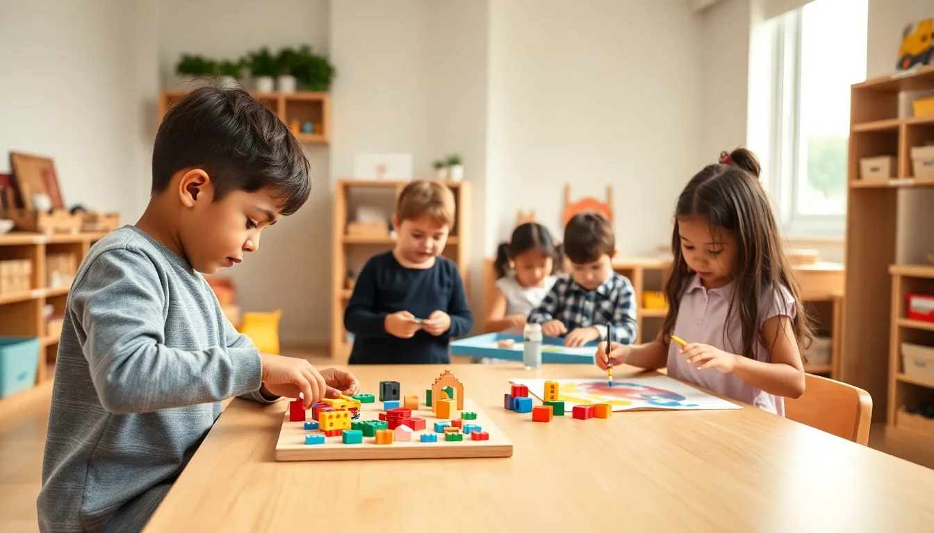 children engaging in activities in a Montessori classroom with an educator.