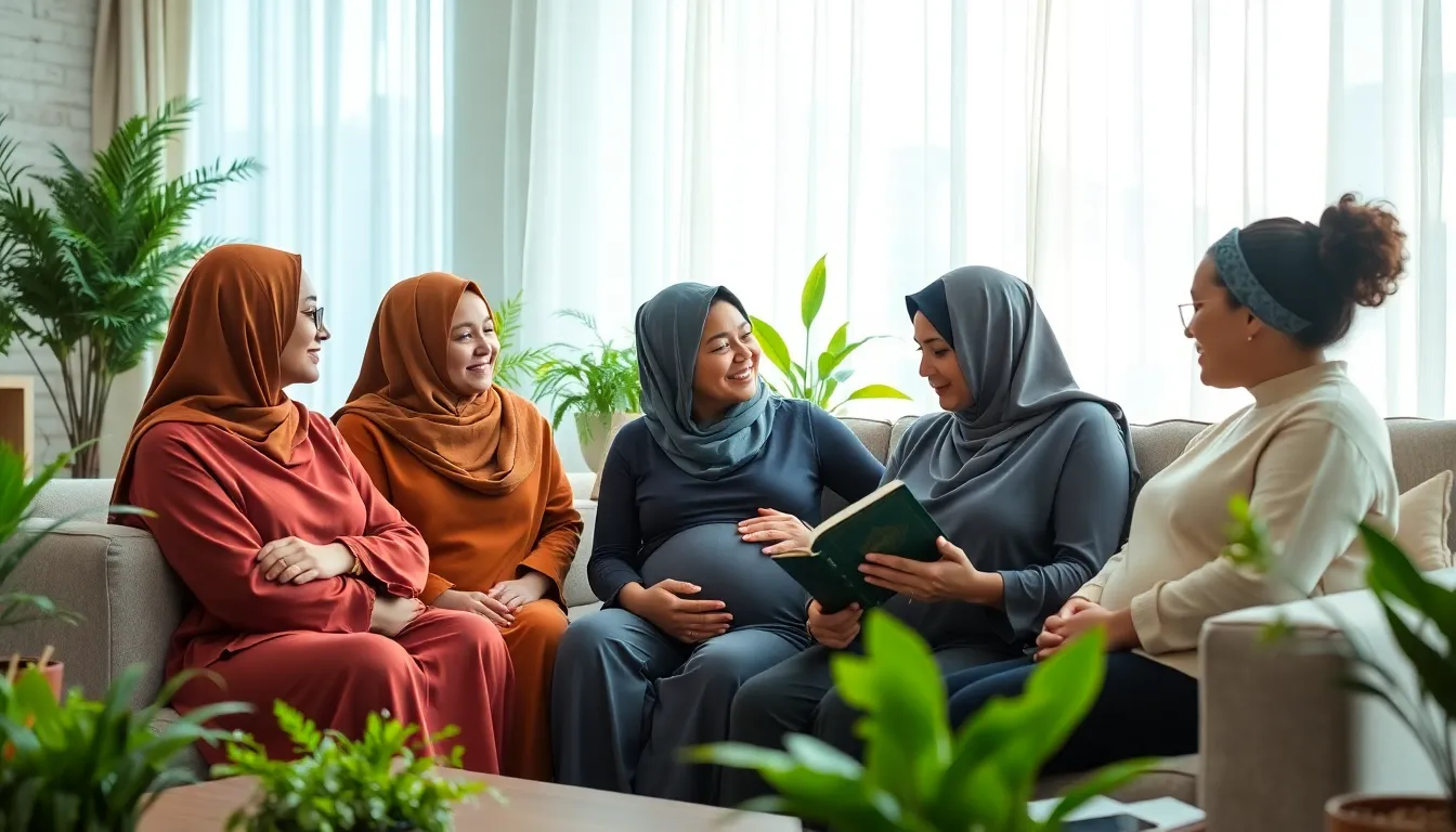 diverse women supporting a pregnant friend in a cozy living room.