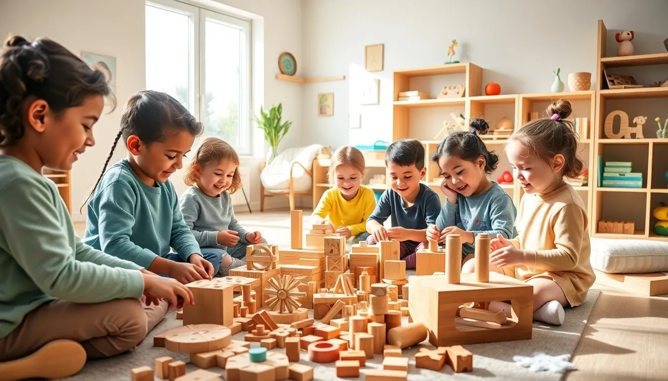 children playing with Montessori toys in a colorful learning space.