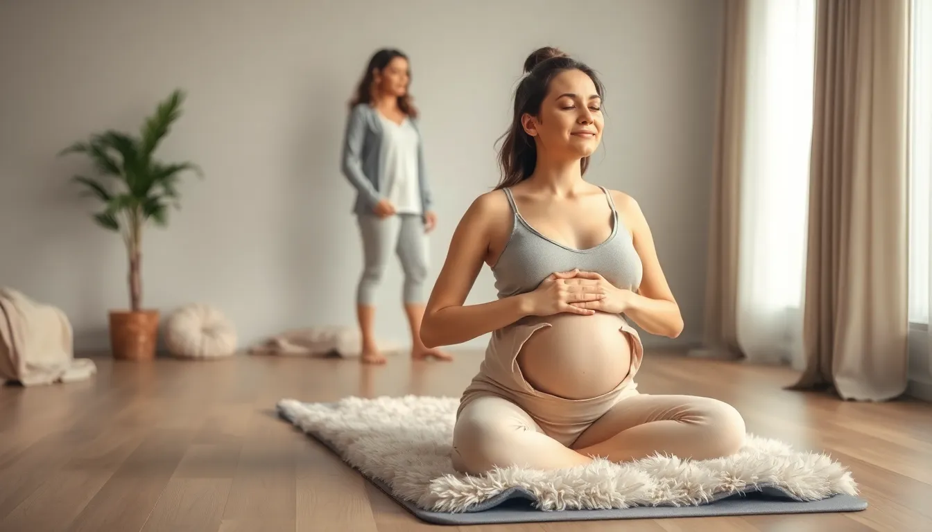 pregnant woman meditating in a serene room for hypnobirthing.