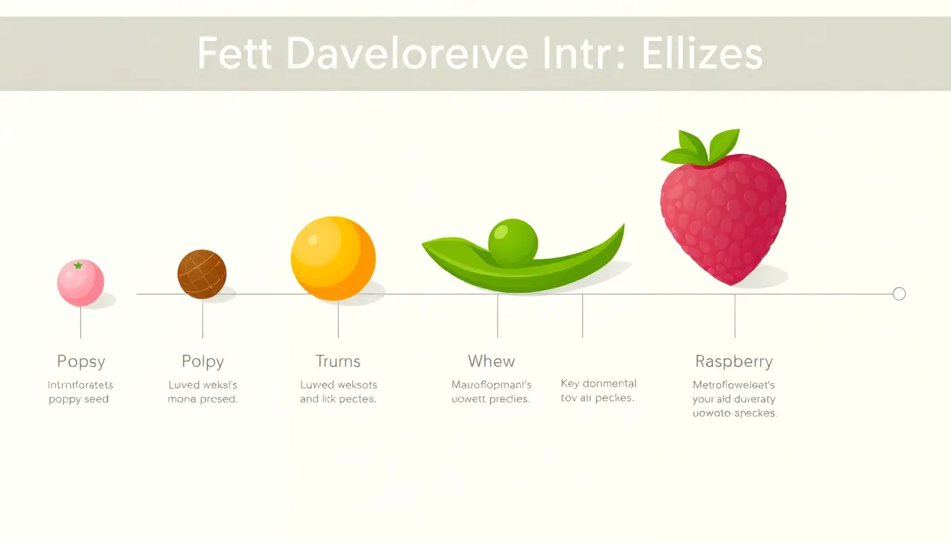 illustration of fetal development sizes from poppy seed to raspberry.