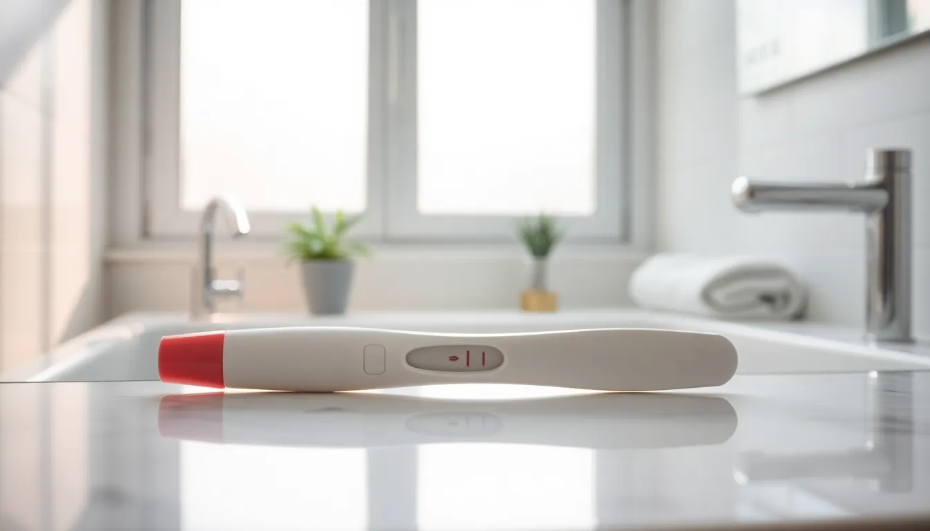 Pregnancy test on a bathroom countertop in soft morning light.